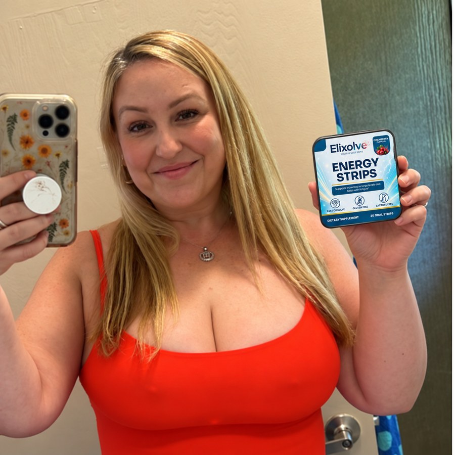 Customer taking a mirror selfie while holding an Elixolve Energy Strip tin