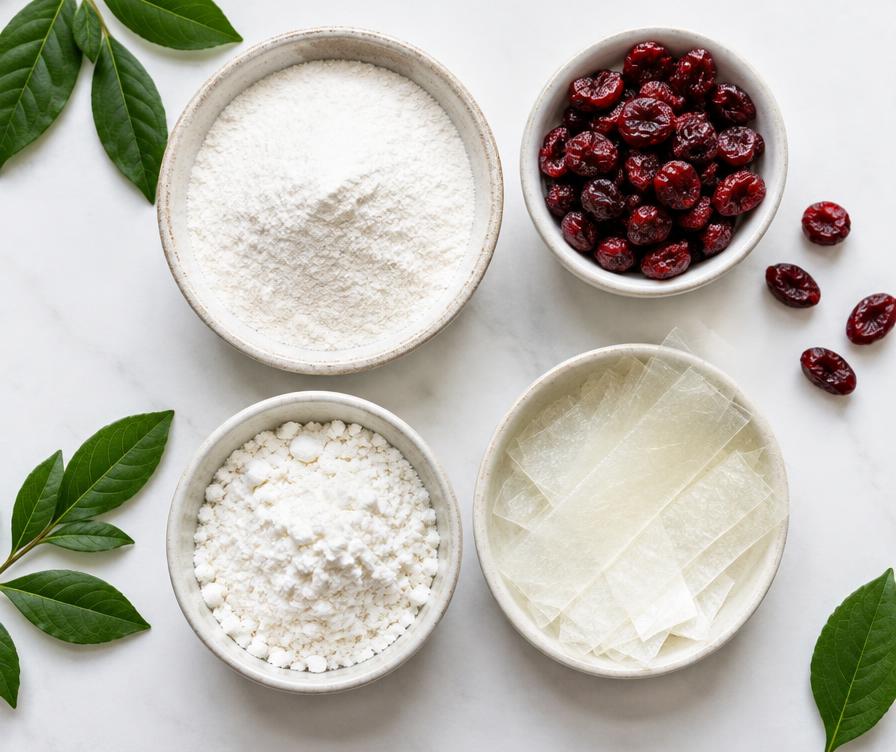 Bowls of oral-strip ingredients and dried cranberries
