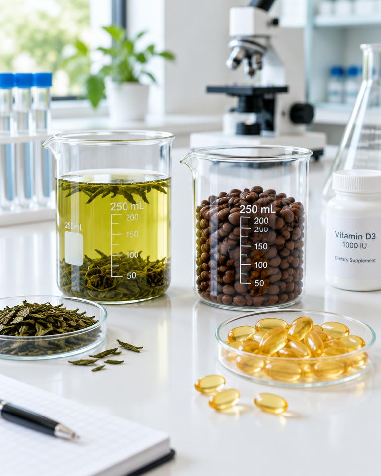 Laboratory still life with green tea, coffee beans and vitamin capsules